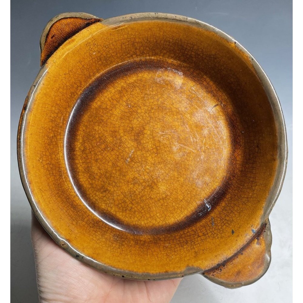 Antique Pottery Yellow Ware Glazed Handled Pie Plate Pan Primitive Glazed Rustic